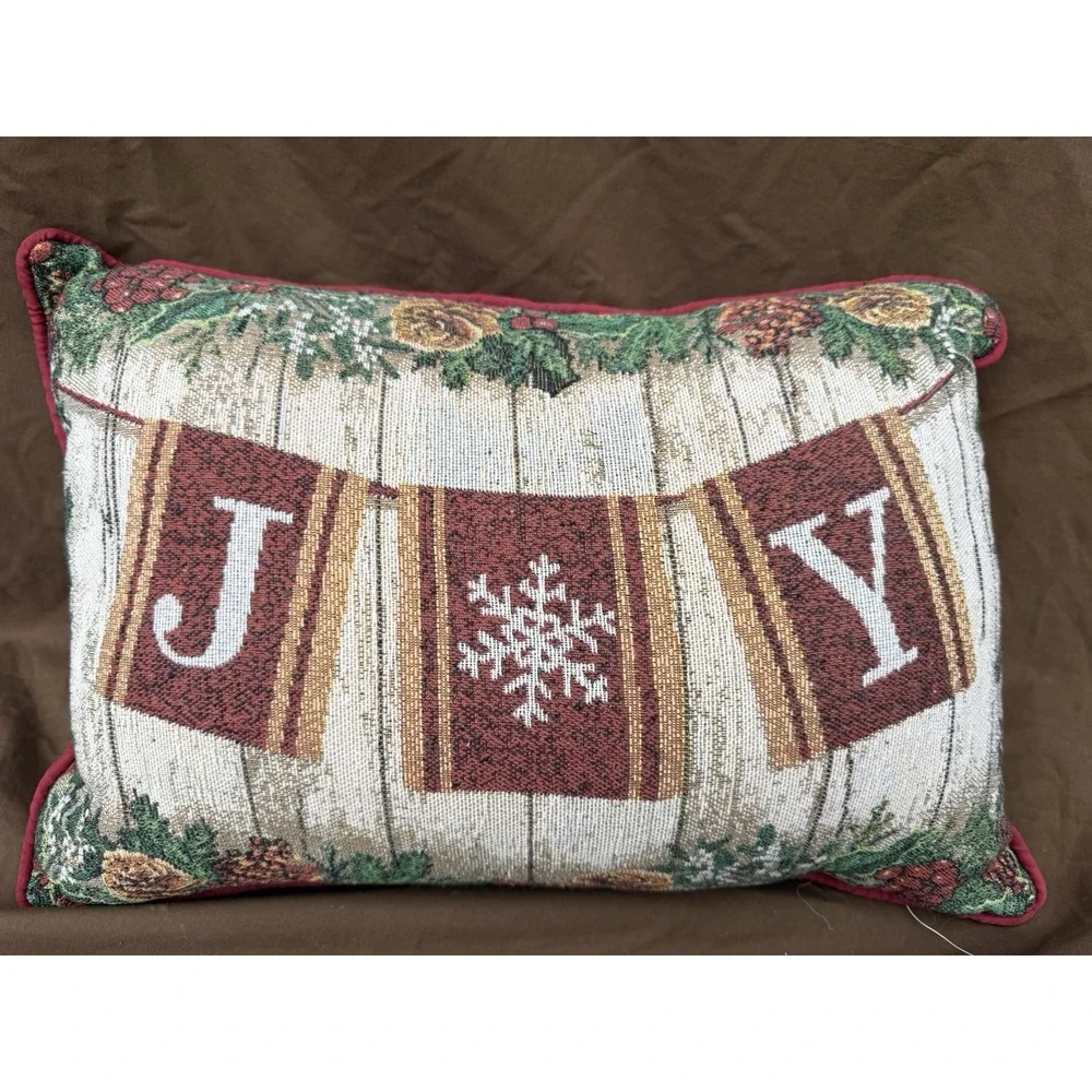 Vintage Christmas Winter Joy Tapestry Throw Pillow 17x11 Red Back Pinecones